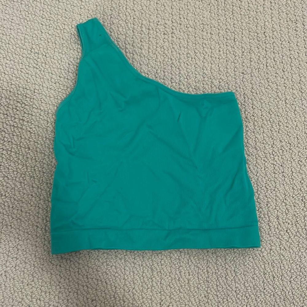 gym activewear crop top one shoulder teal breathable